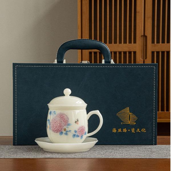 尾桥下窑冰种璞玉绣球办公泡茶水杯陶瓷杯商务会议伴手礼节日礼