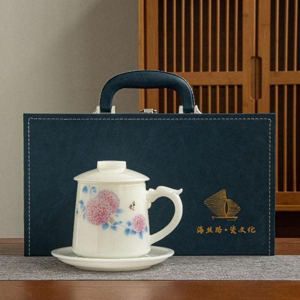 尾桥下窑冰种璞玉绣球办公泡茶水杯陶瓷杯商务会议伴手礼节日礼