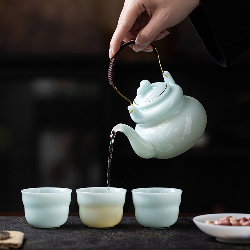 尾桥下窑冰种璞玉青玉瓷福禄满堂提梁壶茶具套装商务礼中秋伴手礼