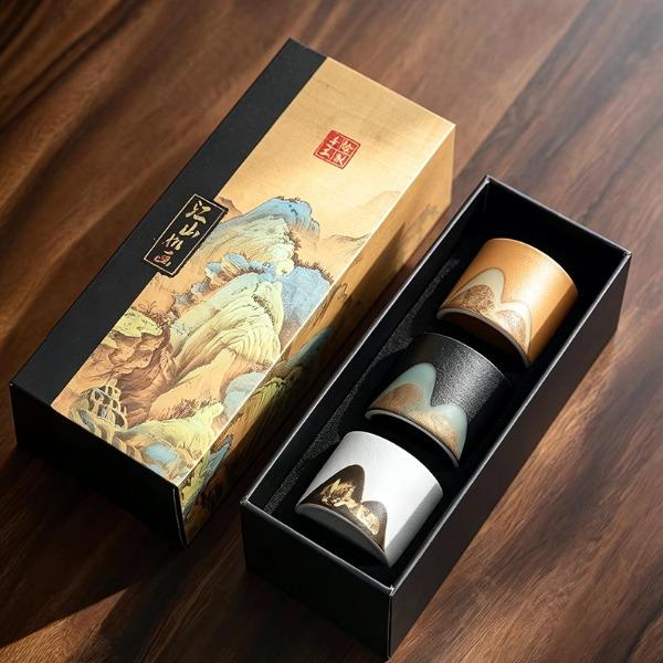 尾桥下窑江山如画三色品茗杯主人杯陶瓷杯小套装开学季节日伴手礼